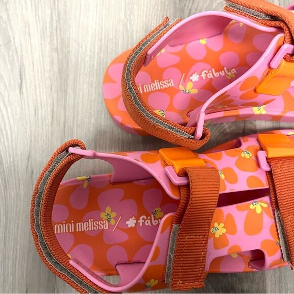 Mini Melissa Sandals Girls 3 Ping Pong Fabula Pink and Orange Floral Strappy - Picture 4 of 7